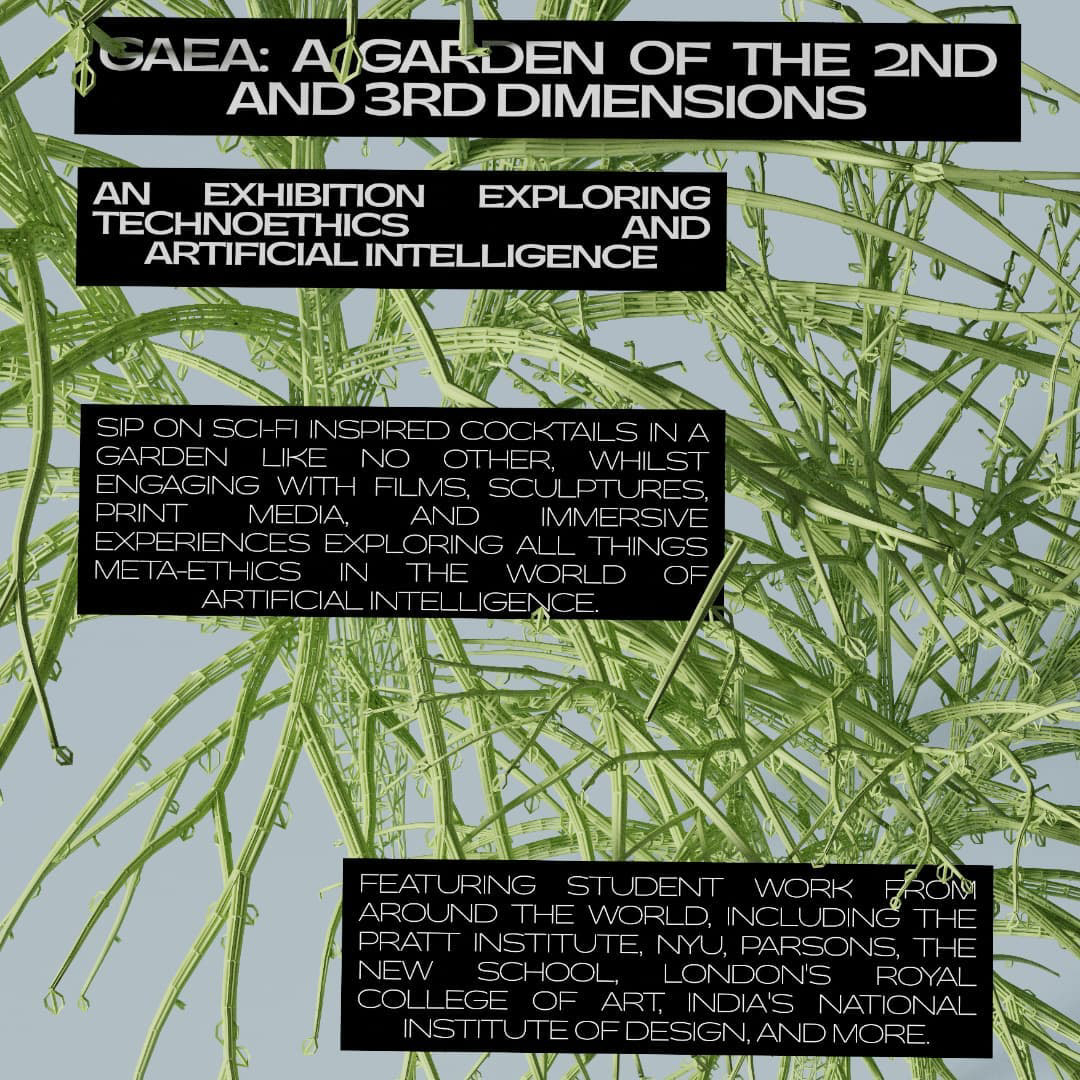 Poster for exhibition GAEA in New York which has digitally rendered plants with text about the exhibition over them